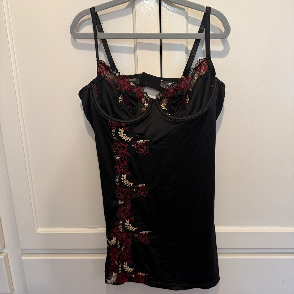 Oh La La Cheri Black Red Floral Embroidered Underwire Mesh Chemise Lingerie M
